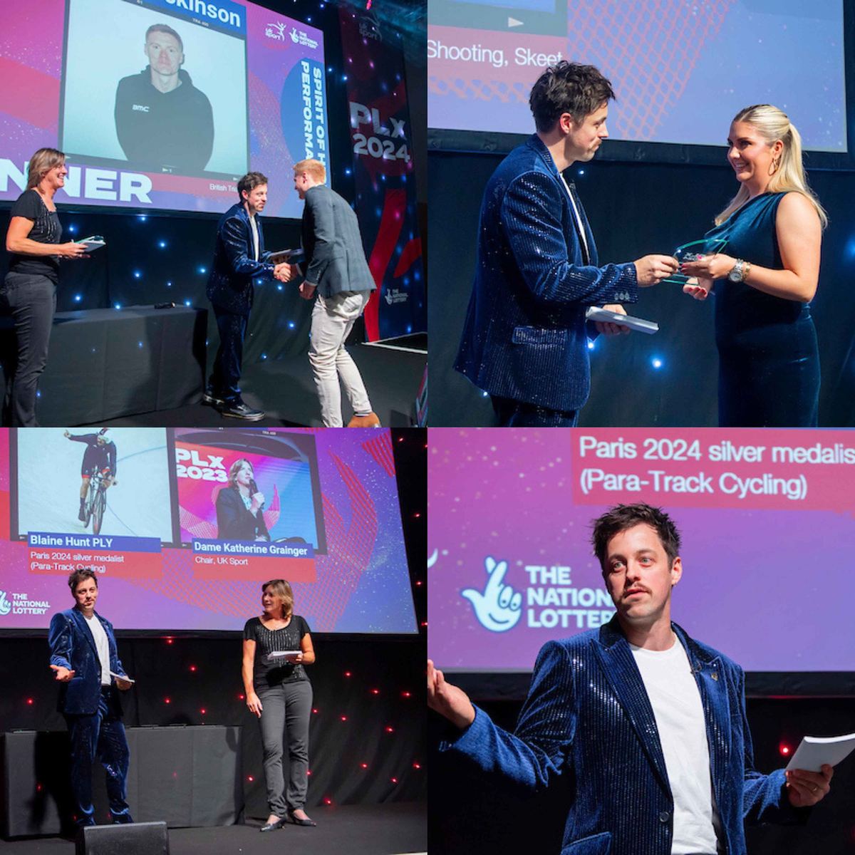 Blaine Hunt co-hosting the UK Sport PLx Awards with Dame Katherine Grainger, December 2024