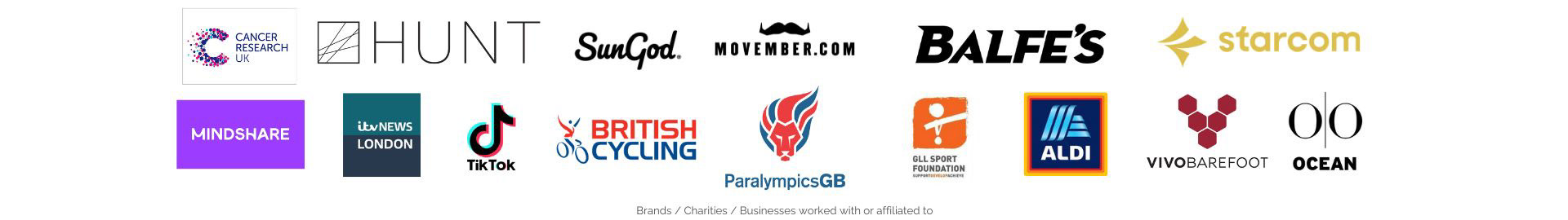 Logos of brands and charities Blaine has worked with, including ParalympicsGB, British Cycling, Movember, Aldi and Vivobarefoot